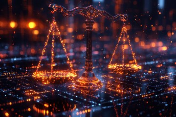 Wall Mural - digital scales glowing amidst a futuristic technology background with warm lights