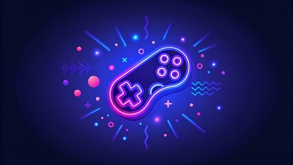Fototapete - Neon game controller or joystick for game console on blue background, futuristic design accessory for modern gaming setup, illuminated pad symbolizing electronic entertainment tech