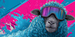 © GaMe - Stylish black sheep in rainbow goggles snowboarding through bright blue and pink splash background