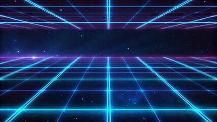Poster - Retro 80s video game background with grid of blue light streaking in space, futuristic digital landscape with neon glow, sci-fi horizon lines and glowing perspective grid