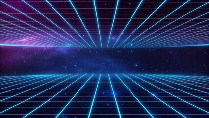 Poster - Retro 80s video game background with grid of blue light streaking in space, futuristic digital landscape with neon glow, sci-fi horizon lines and glowing perspective grid