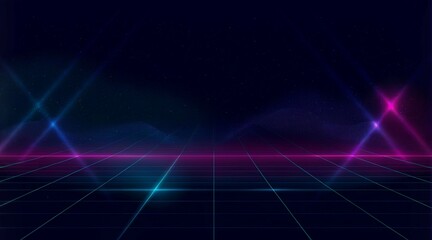 Poster - Synthwave vaporwave retrowave cyber background with copy space, laser grid, starry sky, blue and purple glows with smoke and particles. Futuristic neon scene with retro aesthetics and depth.