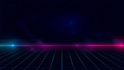 Poster - Synthwave vaporwave retrowave cyber background with copy space, laser grid, starry sky, blue and purple glows with smoke and particles. Futuristic neon scene with retro aesthetics and depth.