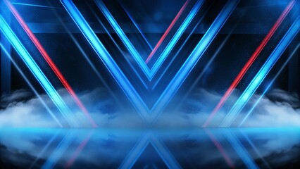 Aufkleber - Tunnel in blue neon light, underground passage. Abstract blue background. Background of an empty black corridor with neon light. Dark empty scene, blue neon searchlight light, wet asphalt, smoke