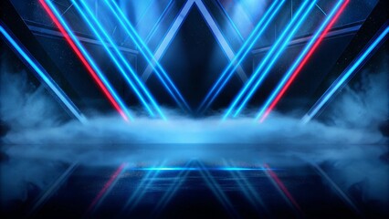 Aufkleber - Tunnel in blue neon light, underground passage. Abstract blue background. Background of an empty black corridor with neon light. Dark empty scene, blue neon searchlight light, wet asphalt, smoke