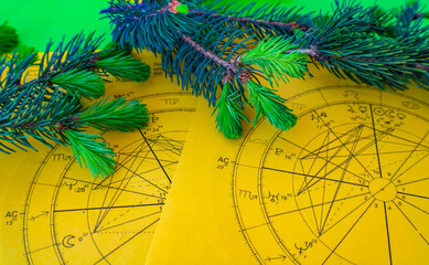 Wall Mural - Printed yellow astrology charts with small fir tree branches in the background