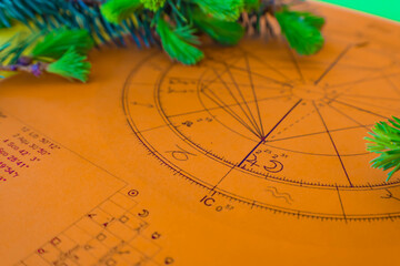 Wall Mural - Close uo of printed orange astrology chart with small fir tree branches in the background