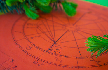 Wall Mural - Close uo of printed red astrology chart with small fir tree branches in the background