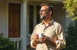 © Viktor - Mature man stands outside his house in sunny morning. He holds coffee cup. Man is happy, smiling. Enjoying leisure at home, wearing glasses, looking away. Daily routine, real estate concept.