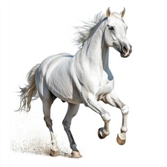a magnificent white horse galloping freely on a white background in a dynamic composition