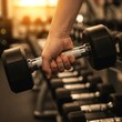 © organik - Close up hand holding dumbbell on floor in gym with woman background. Object goal weightlifting bodybuilding.