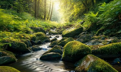 Wall Mural - serene forest creek flowing through lush greenery on bright morning