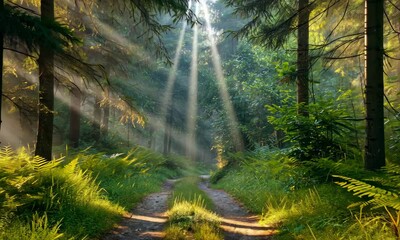 Wall Mural - sunlight streaming through trees onto forest path, creating serene atmosphere