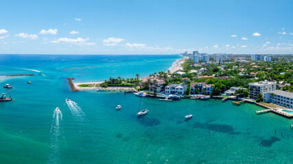 Wall Mural - drone view of Hillsboro Inlet, Florida with beach and city