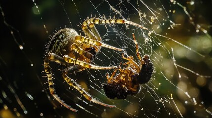 Wall Mural - A spider feasts on its prey in its intricate web.