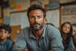 © Edi - Attentive Man in a Classroom Setting with Children Around Focused on Learning and Education