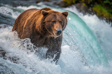 a brown bear stands in a rushing river waterfall during a salmon hunt captured in detailed wildlife 