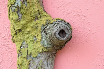 Weathered tree branch against a vibrant pink wall.