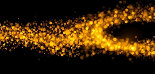 Wall Mural - Swirling gold glitter bokeh on dark background, shiny particles creating abstract design, space, bokeh