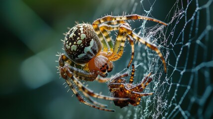 Ornate spider and prey on a delicate web.