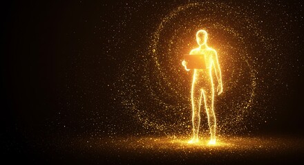Golden Silhouette of a Digital Humanoid Holding a Tablet Amidst Sparkling Particles
