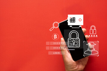 hand holding smartphone with cyber security, password login fields, encryption lock, and hacker symb