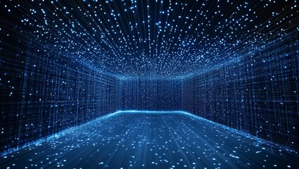 digital data stream in a dark space. light trails and particles fill a cubic area