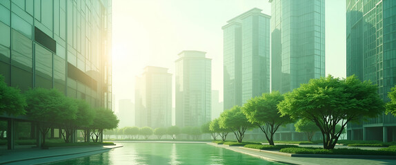 Photo realistic overhead view of a commercial area with green facades in double exposure, symbolizing eco building design and sustainable architecture.