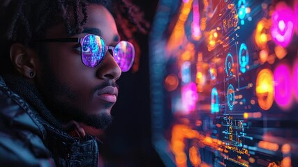 A young man intently studies a vibrant, data-rich digital display, illuminated in neon hues