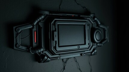 Futuristic device mounted on cracked wall in dark setting with red light
