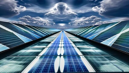 Solar panels array reflect under cloudy sky generates power