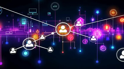 Neon network of connected user icons technology and data visualization against a dark background