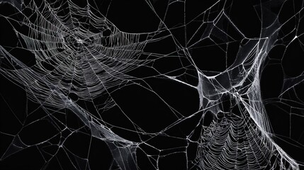 Real creepy spider webs on black banner