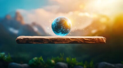 Wall Mural - Floating cosmic orb above a wooden platform in nature