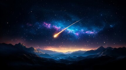 Wall Mural - celestial landscape with shooting star over mountain range