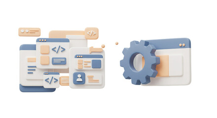 3D illustration of web development interface and SEO tools including settings and analytics isolated on white background, perfect for coding, website setup, and digital project management