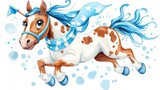 Playful pony galloping in a cheerful landscape illustration fantasy environment whimsical viewpoint