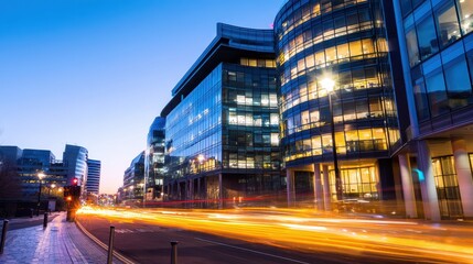 Wall Mural - Urban cityscape at twilight showcasing modern glass building and light trails from traffic