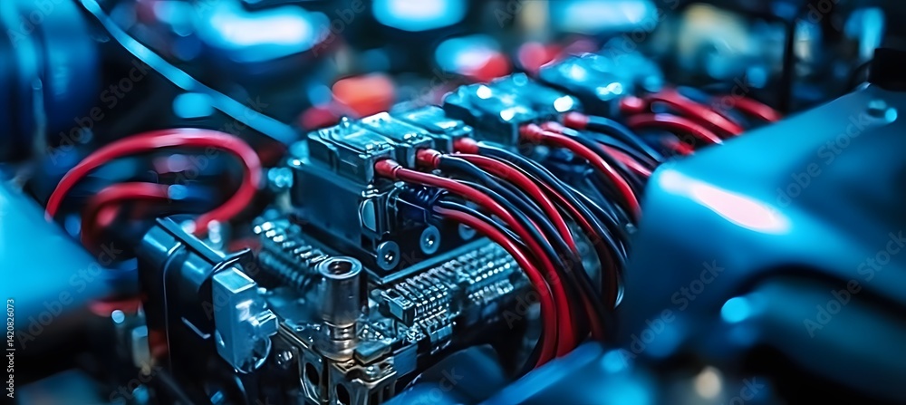 Close-up of vehicle electronic wiring and control systems, highlighting ...