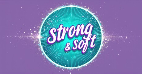 Aufkleber - Bright circular logo displays text strong soft over teal radial burst. Purple background features scattered sparkles.