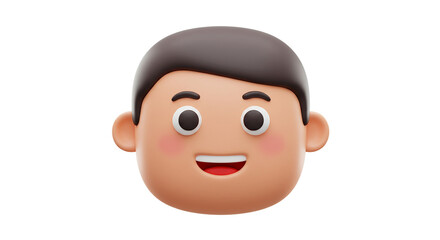 Smiling 3D male face icon isolated on white background, ideal for user profile avatars, messaging apps, game character designs, and social media identity visuals
