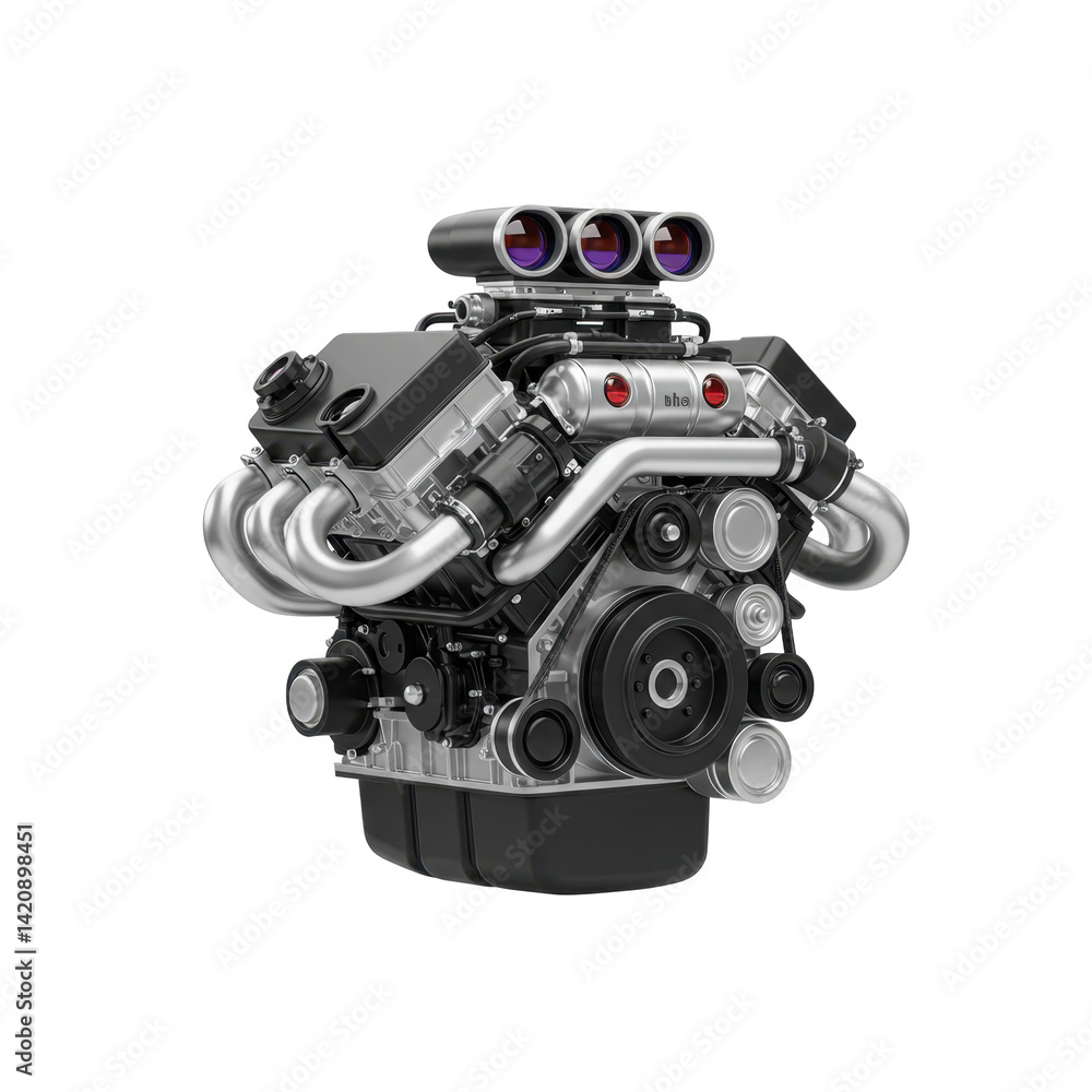 High Performance V8 Engine with Chrome Components and Mechanical Design on Transparent Background