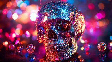 Wall Mural - a captivating and colorful glittering skull stands out against a vibrant background. this artistic c