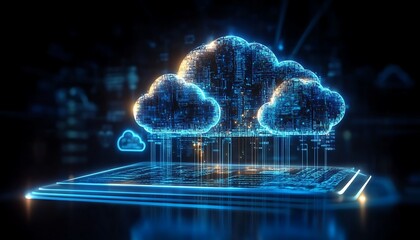 Digital informational technology web futuristic hologram with cloud icon, blue golden light digits and code background, cloud computing. Abstract Motion of digital data flow,
