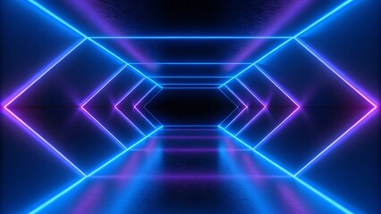 Poster - 3d render, abstract violet blue neon background. Dark empty room with glowing floor. Empty ice arena. Futuristic digital scene with vibrant lights and reflections in a surreal cyber environment.