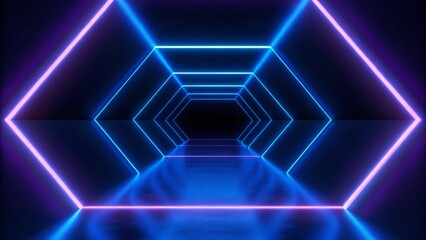Poster - 3d render, abstract violet blue neon background. Dark empty room with glowing floor. Empty ice arena. Futuristic digital scene with vibrant lights and reflections in a surreal cyber environment.