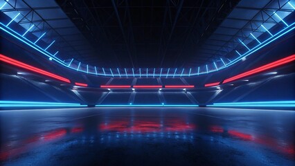 Poster - Empty red and blue neon light stadium background for E-sport game battle, futuristic arena glowing lights digital stage cyberspace competition sci-fi virtual gaming concept vibrant energy