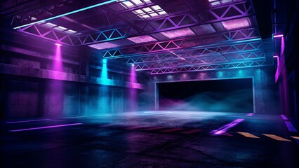 Poster - Laser show club dark neon sci fi futuristic retro purple blue glowing ceiling lights concrete grunge garage stage tunnel room hall 3d rendering, ultraviolet party light show night vibes