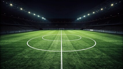 Poster - Textured soccer game field with neon fog center, midfield. Glowing stadium lights and misty green grass make it look like a futuristic sports arena full of energy and excitement.