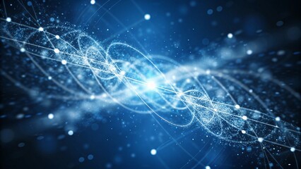 Fototapete - Blue background, digital signature with wave particles, sparkle, veil and space with depth of field. The particles are white light lines, futuristic energy motion, glowing abstract elements